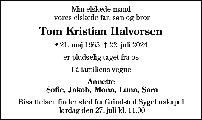 Dødsannonce for Tom Kristian Halvorsen