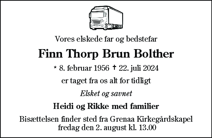 Dødsannonce for Finn Thorp Brun Bolther