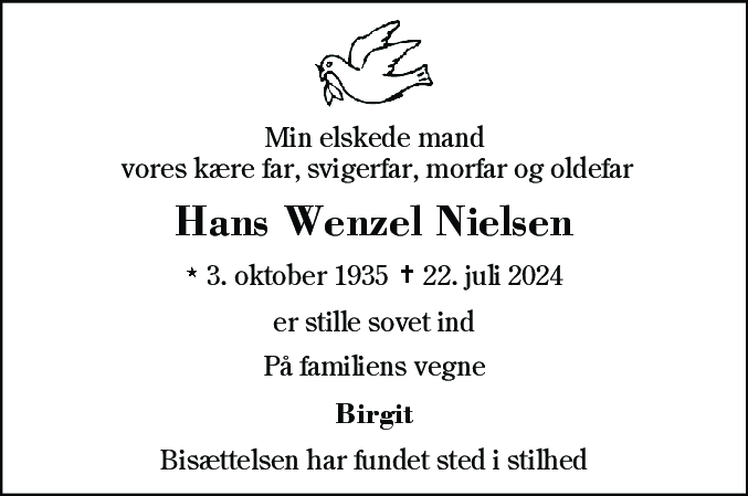 Dødsannonce for Hans Wenzel Nielsen