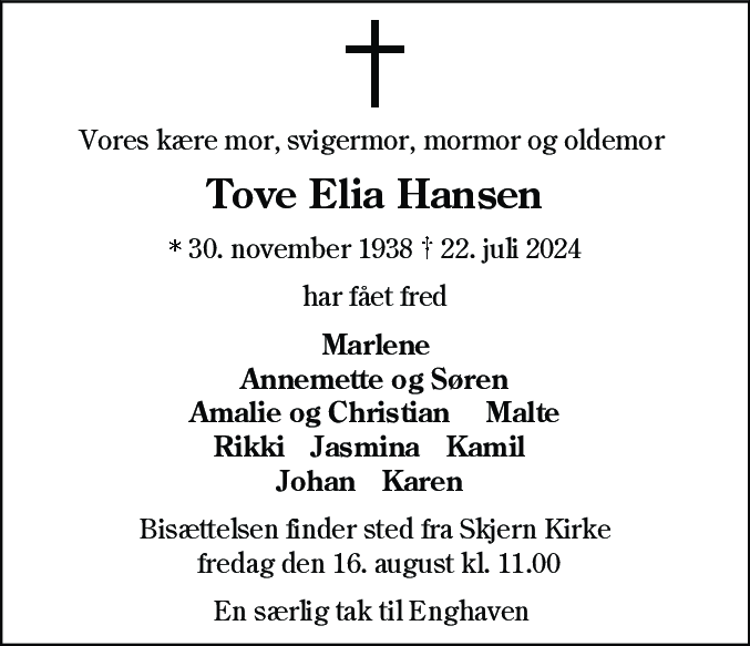 Dødsannonce for Tove Elia Hansen