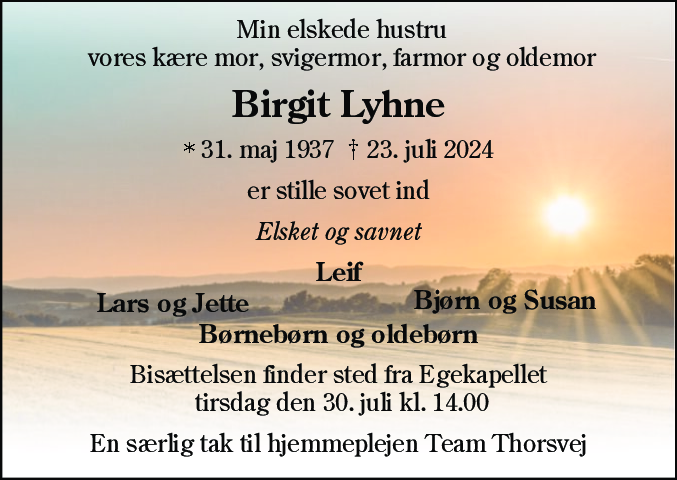Dødsannonce for Birgit Lyhne
