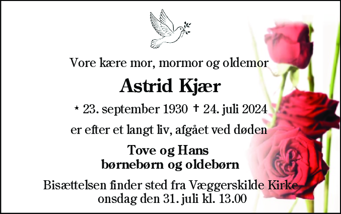 Dødsannonce for Astrid Kjær