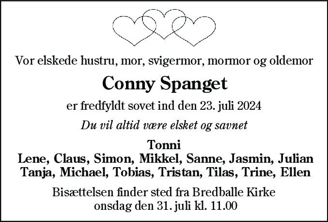 Dødsannonce for Conny Spanget