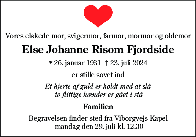 Dødsannonce for Else Johanne Risom Fjordside