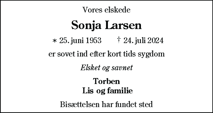 Dødsannonce for Sonja Larsen