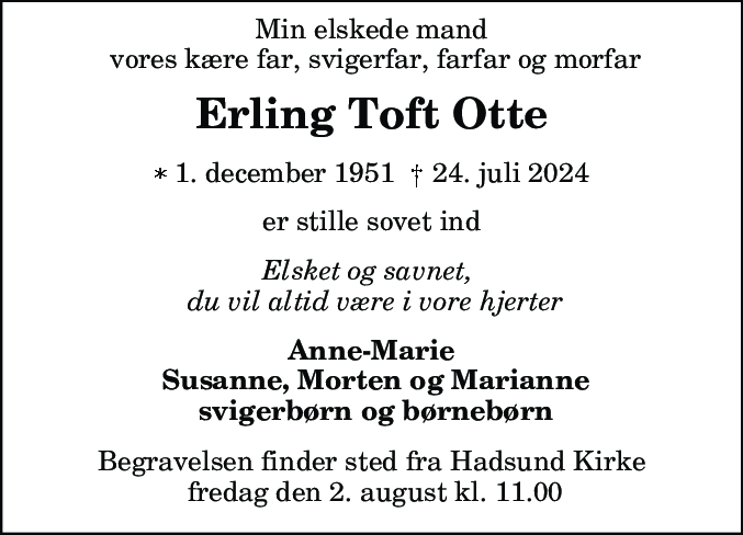 Dødsannonce for Erling Toft Otte