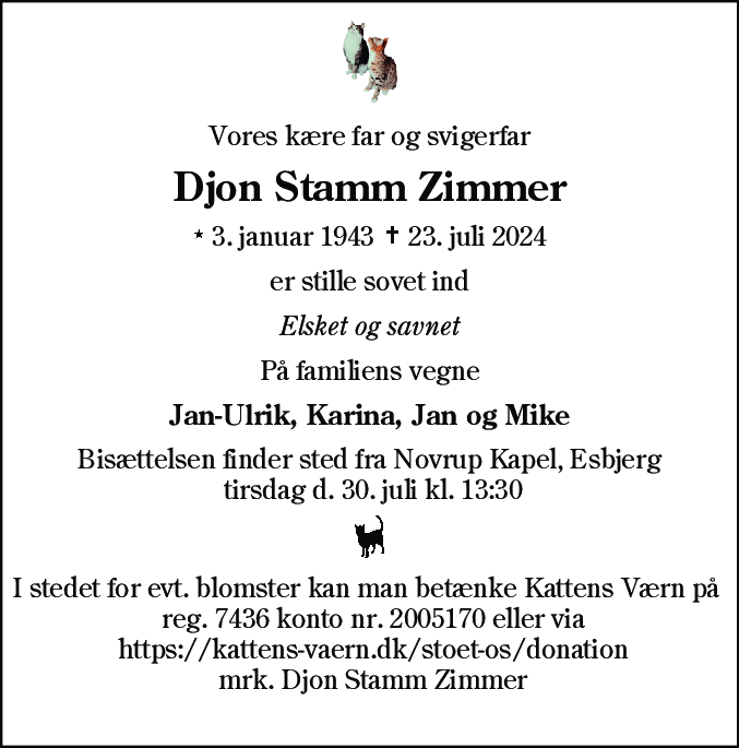 Dødsannonce for Djon Stamm Zimmer
