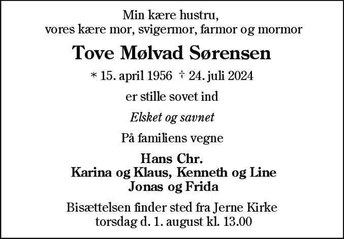 Dødsannonce for Tove Mølvad Sørensen
