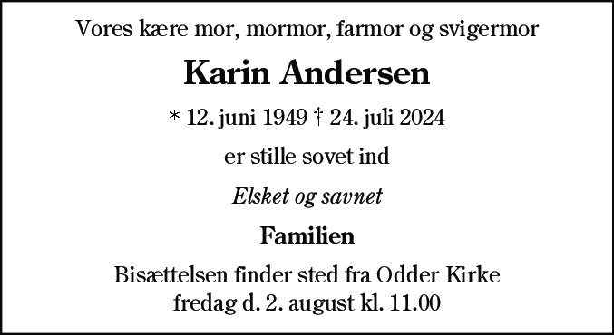 Dødsannonce for Karin Andersen