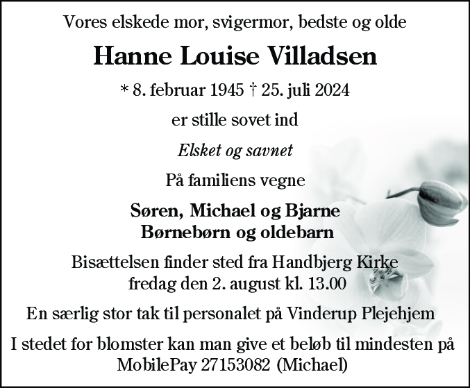Dødsannonce for Hanne Louise Villadsen