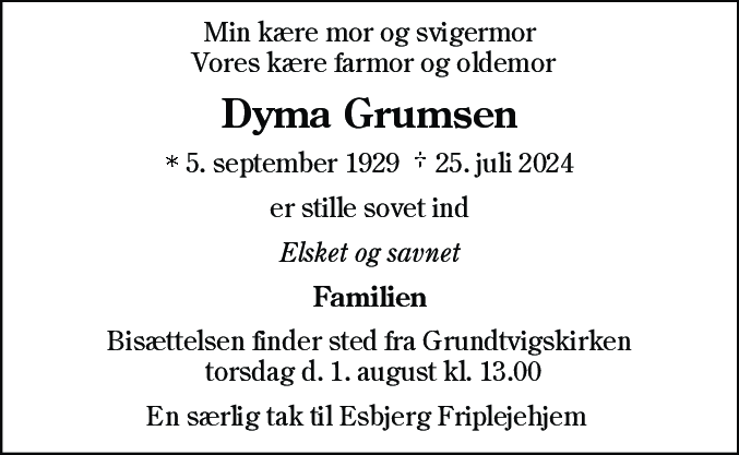Dødsannonce for Dyma Grumsen