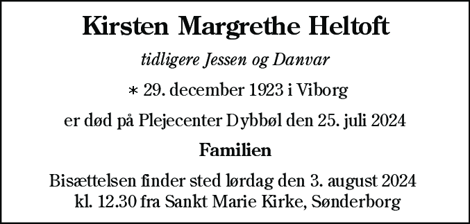 Dødsannonce for Kirsten Margrethe Heltoft