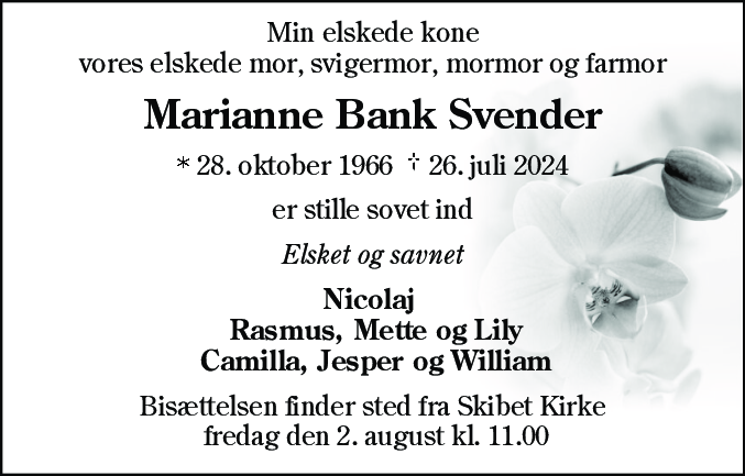 Dødsannonce for Marianne Bank Svender