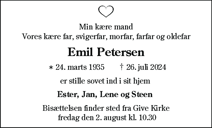 Dødsannonce for Emil Petersen