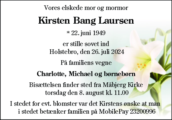 Dødsannonce for Kirsten Bang Laursen