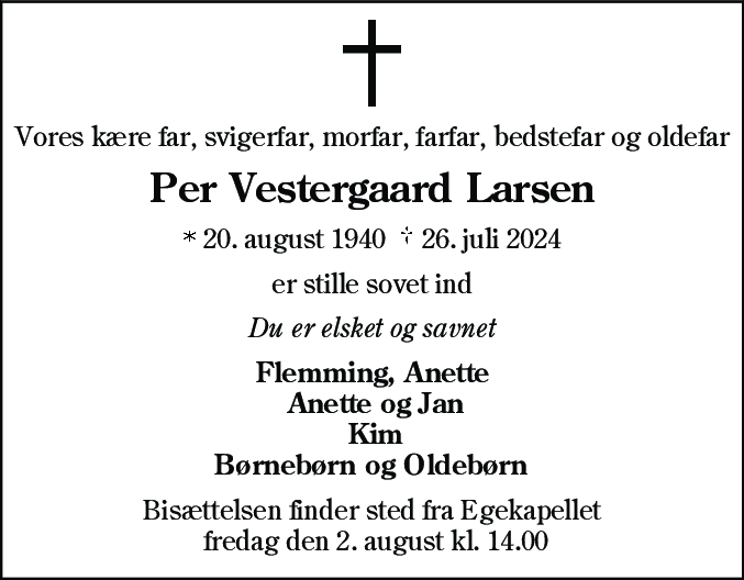 Dødsannonce for Per Vestergaard Larsen