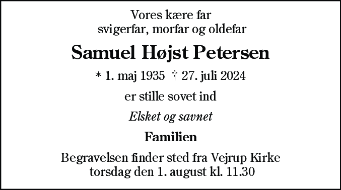 Dødsannonce for Samuel Højst Petersen