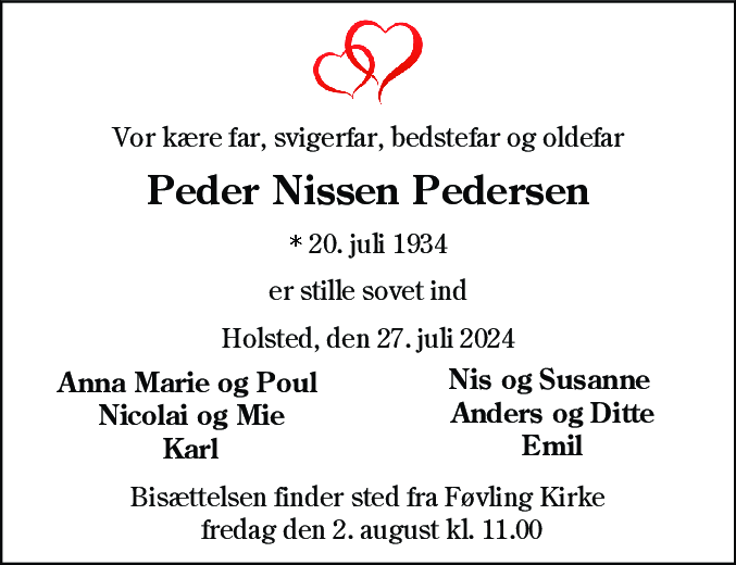 Dødsannonce for Peder Nissen Pedersen