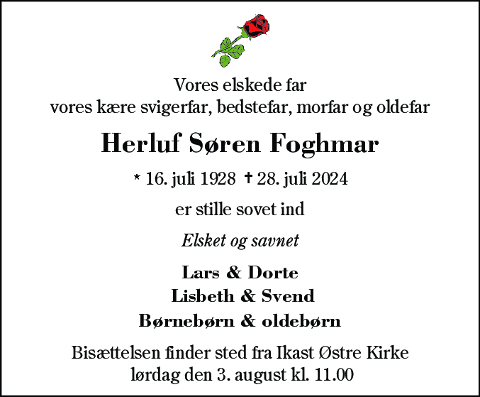 Dødsannonce for Herluf Søren Foghmar