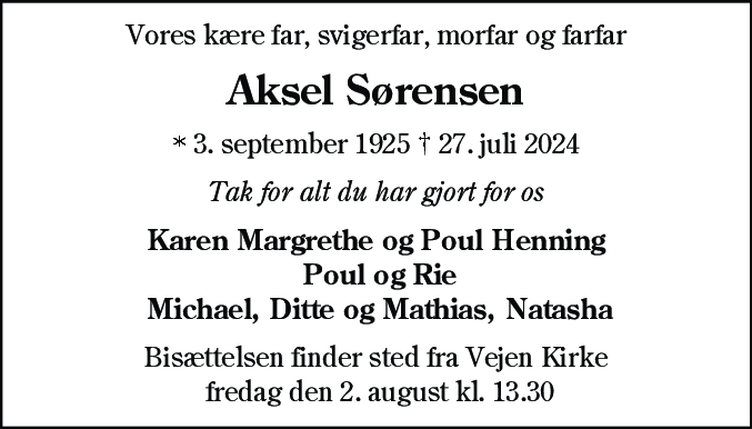 Dødsannonce for Aksel Sørensen
