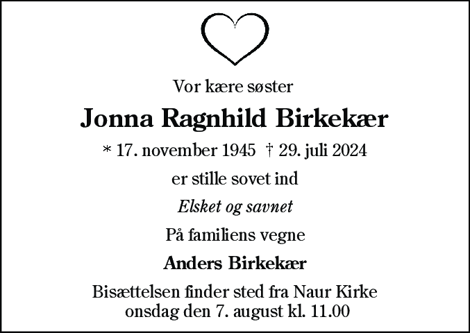 Dødsannonce for Jonna Ragnhild Birkekær