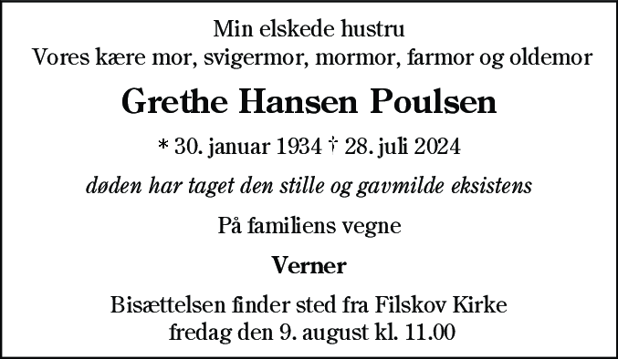 Dødsannonce for Grethe Hansen Poulsen