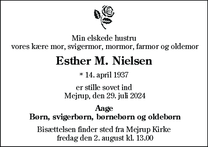 Dødsannonce for Esther Margrethe Nielsen