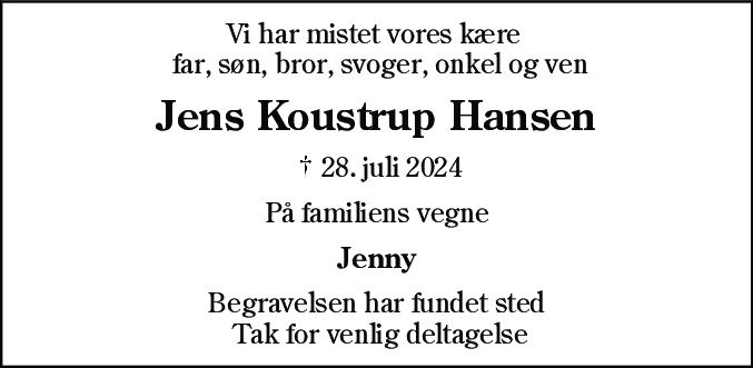 Dødsannonce for Jens Koustrup Hansen