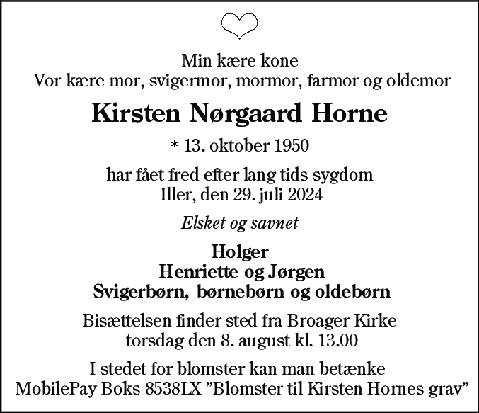 Dødsannonce for Kirsten Nørgaard Horne