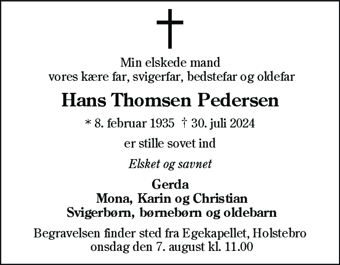 Dødsannonce for Hans Thomsen Pedersen