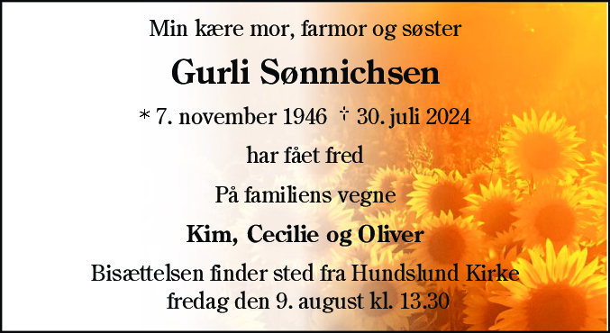 Dødsannonce for Gurli Sønnichsen