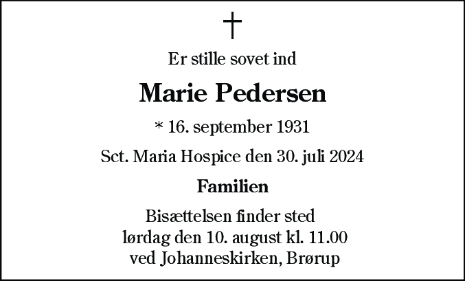 Dødsannonce for Metha Marie Pedersen