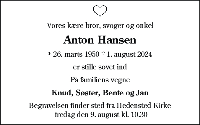 Dødsannonce for Anton Hansen