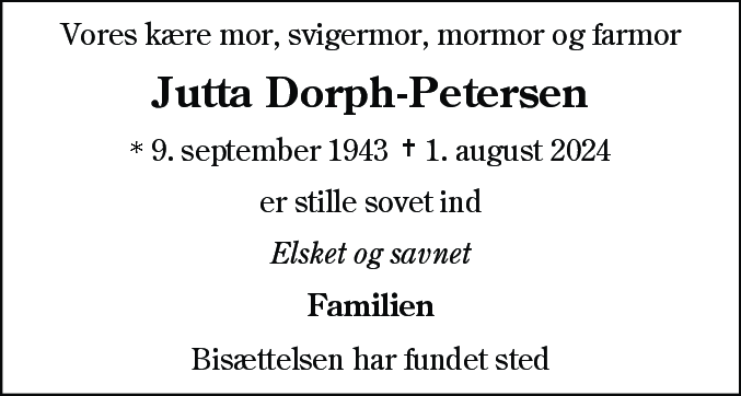 Dødsannonce for Jutta Dorph-Petersen