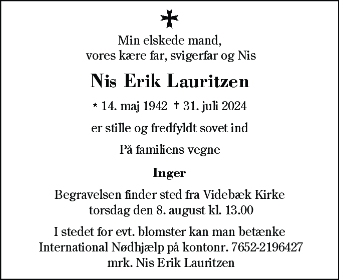 Dødsannonce for Nis Erik Lauritzen
