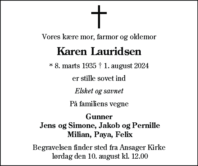 Dødsannonce for Karen Lauridsen