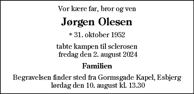 Dødsannonce for Jørgen Olesen