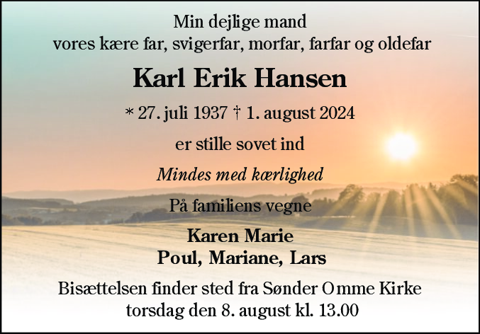 Dødsannonce for Karl Erik Hansen