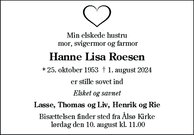 Dødsannonce for Hanne Lisa Roesen