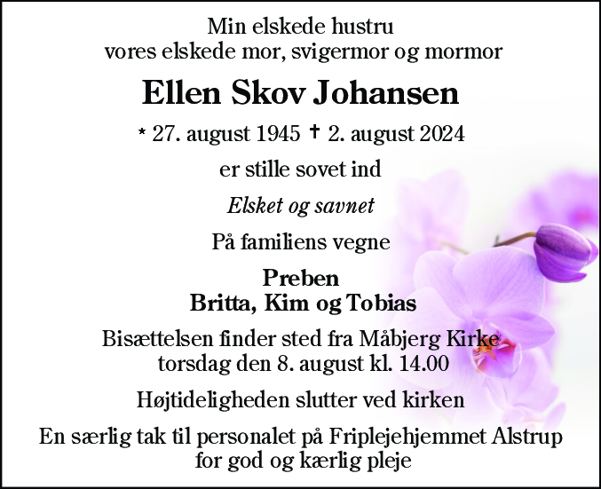 Dødsannonce for Ellen Skov Johansen