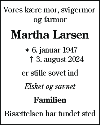 Dødsannonce for Martha Larsen