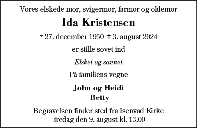 Dødsannonce for Ida Kristensen