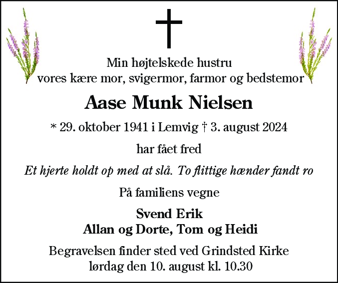 Dødsannonce for Aase Munk Nielsen