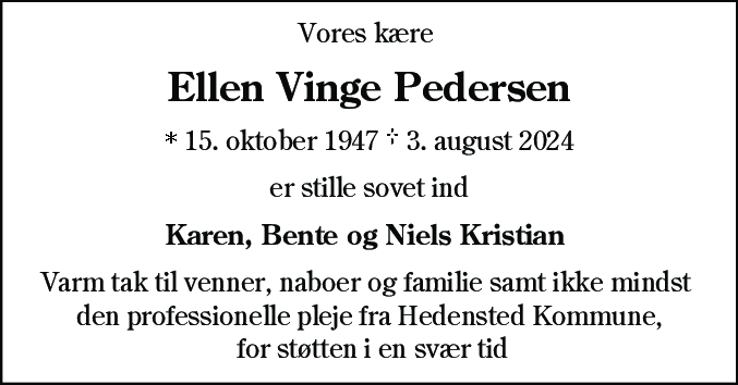 Dødsannonce for Ellen Vinge Pedersen