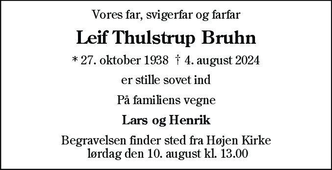 Dødsannonce for Leif Thulstrup Bruhn