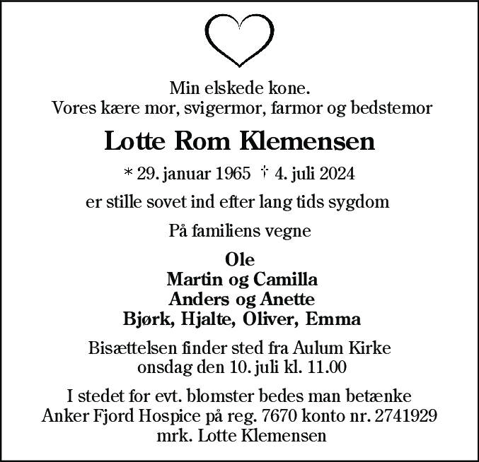 Dødsannonce for Lotte Rom Klemensen