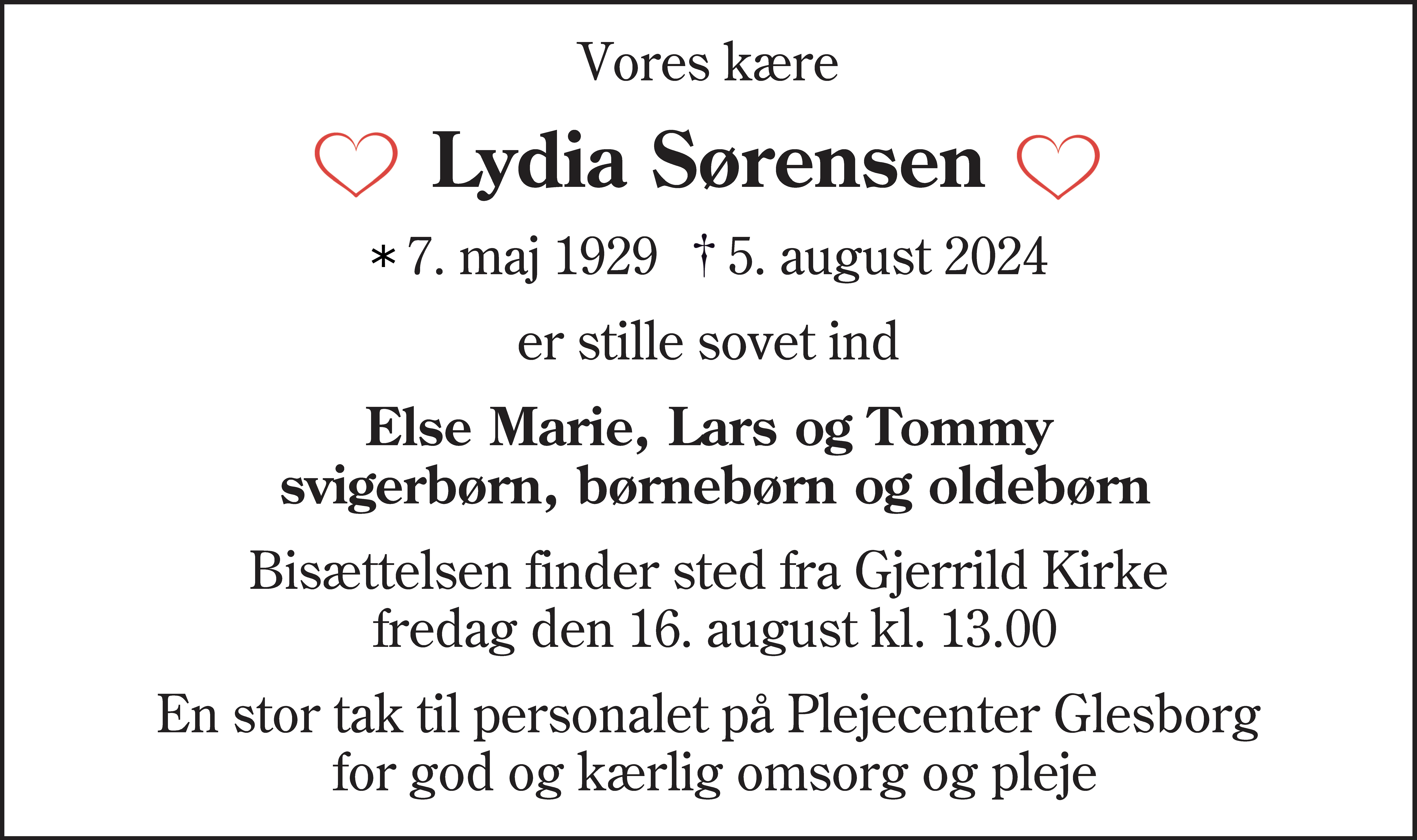 Dødsannonce for Lydia Sørensen