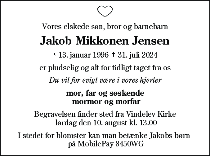 Dødsannonce for Jakob Mikkonen Jensen
