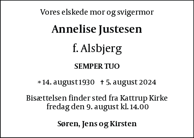 Dødsannonce for Annelise Justesen