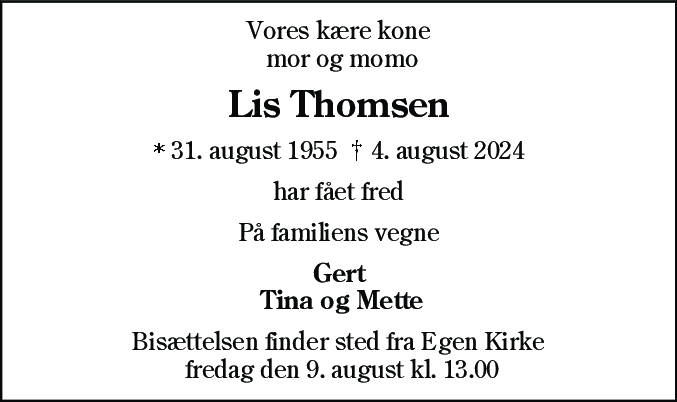 Dødsannonce for Lis Thomsen